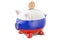 Piggy bank with flag of Russia and golden dollar coin. Investments and business concept, 3D rendering