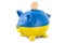 Piggy bank with flag of Ukraine and golden dollar coin. Investments and business concept, 3D rendering