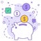 Piggy bank with flying coin vector design, consumer based cost saving strategy Concept