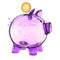 Piggy bank glass purple translucent empty and golden coin
