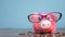 Piggy bank with glasses accountant financier concept. Money stack pile step growing money and piggy bank. Concept