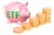Piggy bank with golden coins. An exchange-traded fund ETF conc