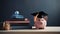 Piggy bank with graduation hat and books on table. College fees saving concept, AI Generative