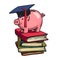 Piggy bank in Graduation hat on stack of books. Saving plan for education, student loan, financial aid concept. Hand