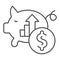 Piggy bank hoarding coin thin line icon. Moneybox with dollar growth symbol, outline style pictogram on white background