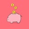 Piggy bank icon. A saving or investment plan concept idea with international currency falling into the piggy bank