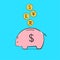 Piggy bank icon. A saving or investment plan concept idea with international currency falling into the piggy bank. Financial