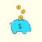 Piggy bank icon. A saving or investment plan concept idea with international currency falling into the piggy bank. Financial