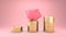 The piggy bank is jumping on the gold coin on  pink background. 3d animation.