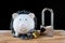 Piggy bank locked, chained with black background, Protect savings, Protect capital, Protect retirement fund concept
