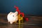 Piggy bank and money with an arrow down. Decrease in savings and reserves. Inflation and depreciation of assets. Falling income,