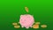 Piggy bank money savings concept of growth animation on Green screen