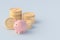 Piggy bank near many coins. Financial concept