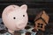 Piggy bank a pig stands on dollar bills next to a toy house,