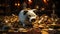 A piggy bank on a pile of coins, symbolizing wealth, savings, and financial security, with a warm, bokeh lit background enhancing