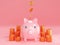 Piggy bank with pile of gold dollar coin and coin dropping on pastel isolated pink background,minimalist style,concept saving and