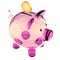 Piggy bank pink glass empty and golden coin