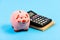 Piggy bank pink pig and calculator. Business administration. Calculate profit. Finance manager wanted. Trading exchange