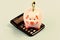 Piggy bank pink pig stuffed dollar banknote and calculator. Financial wellbeing. Savings account. Savings deposit is