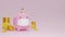 Piggy bank pink pig wearing a protective mask white Surrounded by golden coins, saving concept.3d rendering.