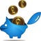 Piggy bank and pound sterling. Blue piggy bank icons.