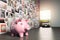 A piggy bank in a room with walls full of posters representing savings goals such as a car or a vacation AI generated