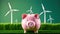 Piggy bank with savings deposits for sustainable, renewable wind power energy