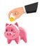 Piggy bank savings and hand with coin. Moneybox in form of pig and coins falling. Crowd funding and savings concept