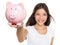Piggy bank savings woman smiling happy