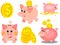Piggy bank. Set of pigs that have accumulated a lot of money and coins