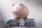 The piggy bank stands on the money. Concept on the topic of accumulating cash