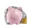 Piggy bank with steel chain and padlock isolated. Money safety concept