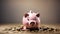 Piggy bank on the table among coins on a clean blurred background