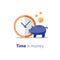 Piggy bank, time is money, clock and money bags, home finance, return on investment, income growth, annual payment, vector icon