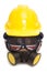 Piggy bank wearing gas mask and builders hard hat