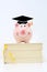 Piggy bank wearing a graduate cap standing on top of a pile of books. Saving for higher education concept