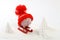 Piggy box with red hat with pompom standing on red sled on snow and around are snowbound trees - toboggan