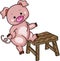 Piggy climbing to a little wood bench