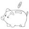 Piggy piglet. A dollar coin falls into the hole. Vector illustration. Contour on an isolated white background. Doodle style.