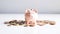 Piggy pink ceramic bank golden coin stack wealth concept photo. Financial economy success savings profit money