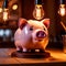 Piggybank with bright lightbulb, showing inspiration and successful ideas in savings and investment