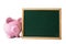 Piggybank small blank blackboard, on white background, saving money concept