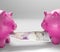 Piggybanks Eating Money Shows Shared Savings