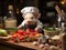 Piglet chef cooking salad in toy kitchen