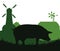 Pigs graze in pasture. Picture silhouette. Farm pets. Rural landscape with farmer house. Animals for meat and fat