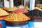 Piickled olives and pepper on a traditional Moroccan market, Rabat, Morocco