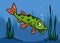 Pike fish swim river cartoon