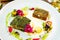 Pike-perch fillet. Potato gratin, warm yellow beet-turkey bean salad, parmesan dressing. Delicious seafood fish closeup