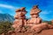 Pikes peak behind the Siamese Twins Rock in the Garden of the Gods,