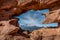 Pikes peak seen through the Siamese Twins Rock in the Garden of the Gods